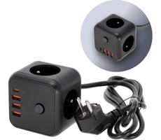 Hosszabító kábel kocka kapcsolóval LINEA 3x230V + 4xUSB A/C fekete